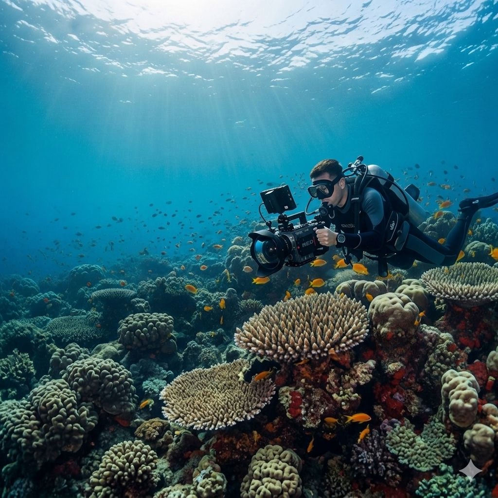 Podwodny operator kamery nad rafą koralową